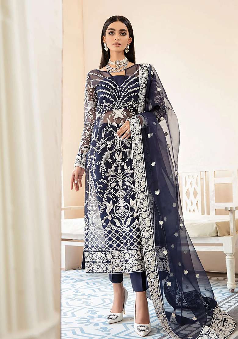 Blue Embroidered Organza Pakistani Suit Set - Indya