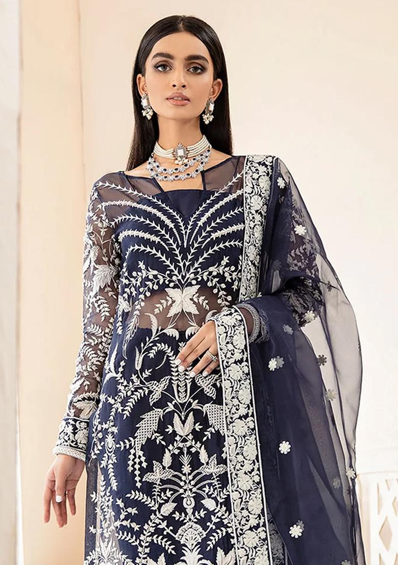 Blue Embroidered Organza Salwar Kameez With Dupatta
