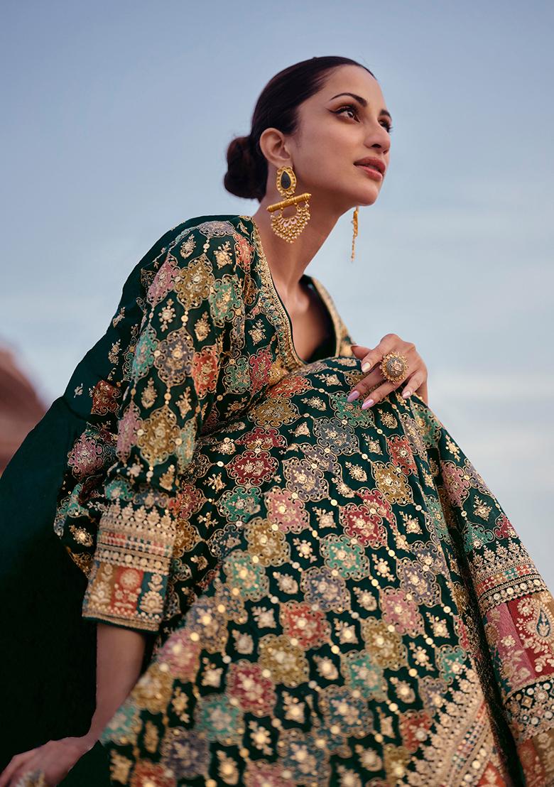 Green Embroidered Georgette Anarkali Set With Dupatta