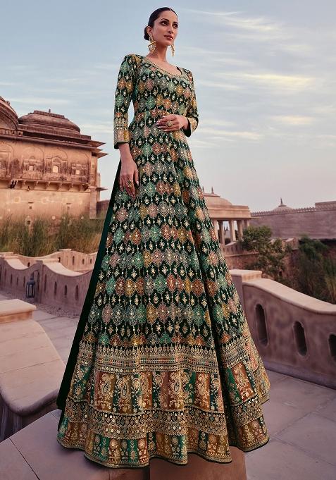 Green Embroidered Georgette Anarkali Set With Dupatta