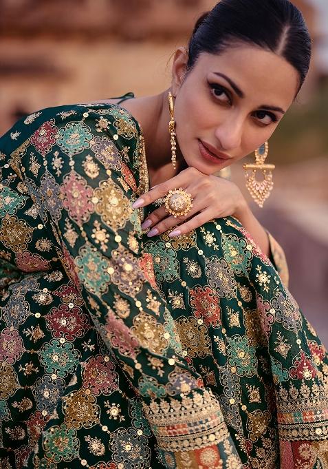 Green Embroidered Georgette Anarkali Set With Dupatta