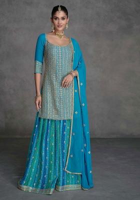 White And Blue Printed Viscose Salwar Kameez With Dupatta