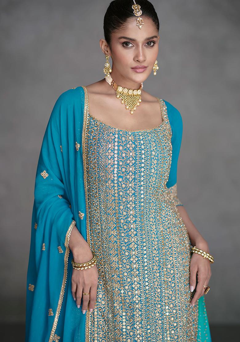 White And Blue Printed Viscose Salwar Kameez With Dupatta