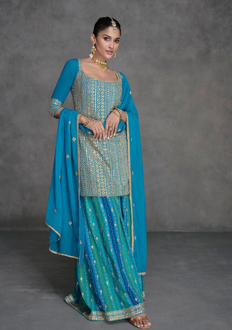White And Blue Printed Viscose Salwar Kameez With Dupatta