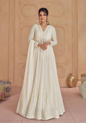 White Embroidered Georgette Anarkali Set With Dupatta