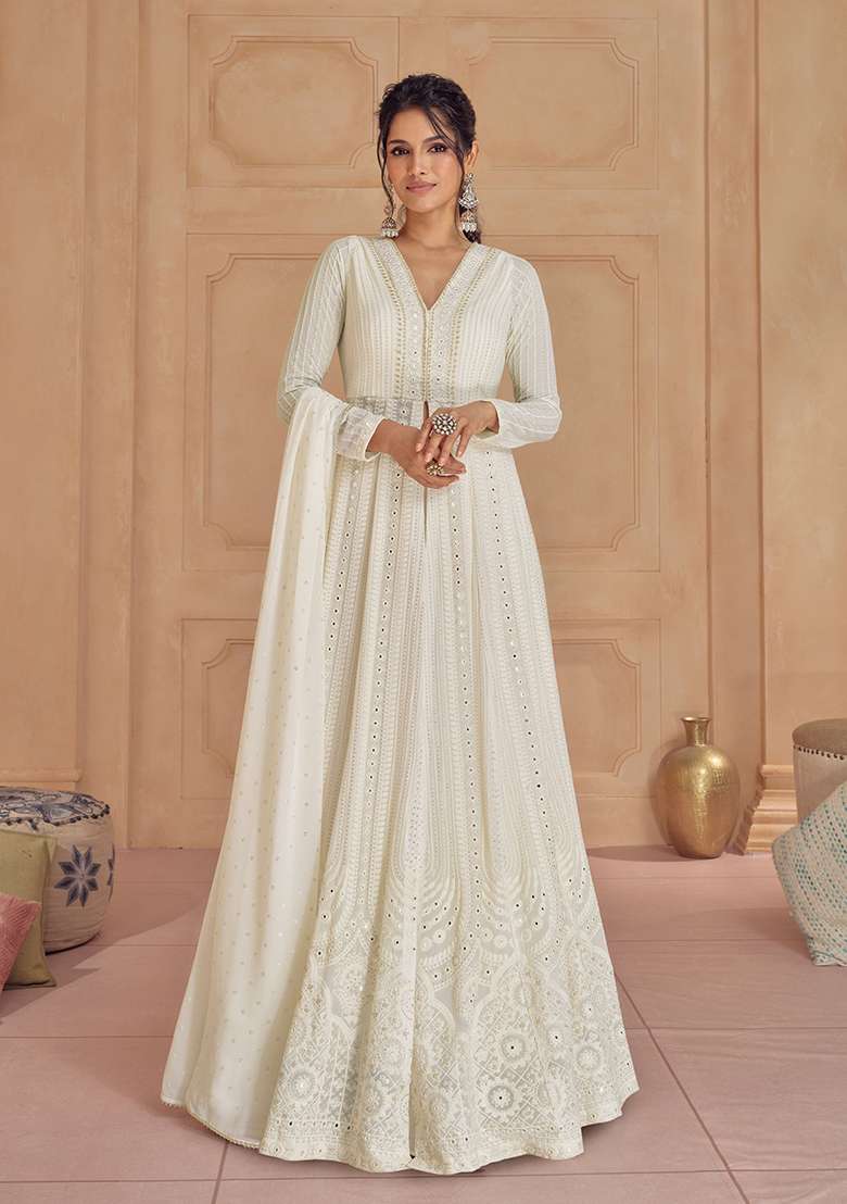 White Embroidered Georgette Anarkali With Dupatta - Indya