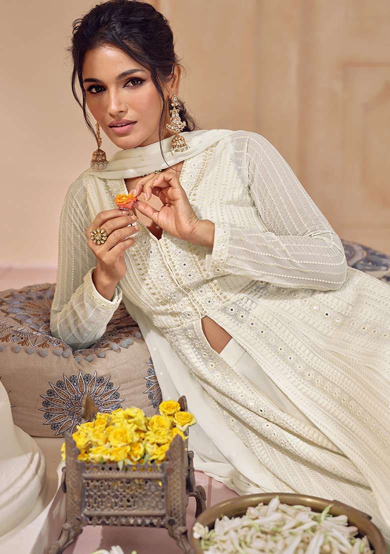 White Embroidered Georgette Anarkali With Dupatta - Indya