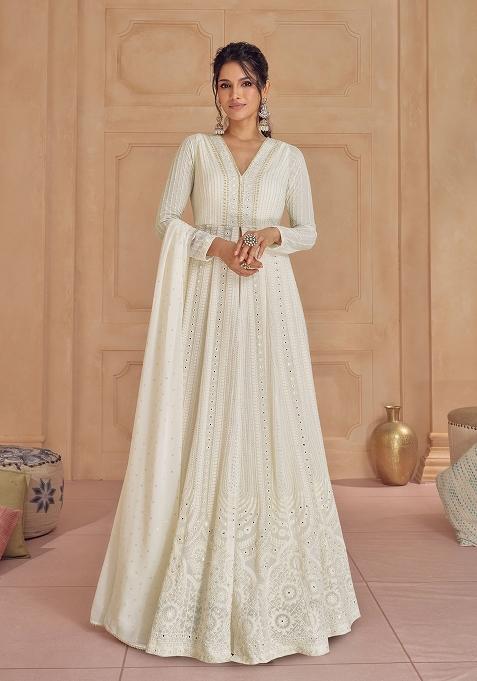 White Embroidered Georgette Anarkali Set With Dupatta