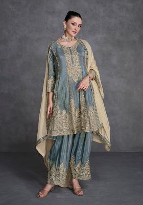 Grey Embroidered Chinnon Anarkali Set With Dupatta
