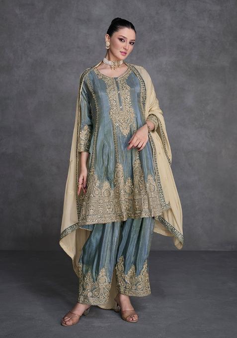 Grey Embroidered Chinnon Anarkali Set With Dupatta