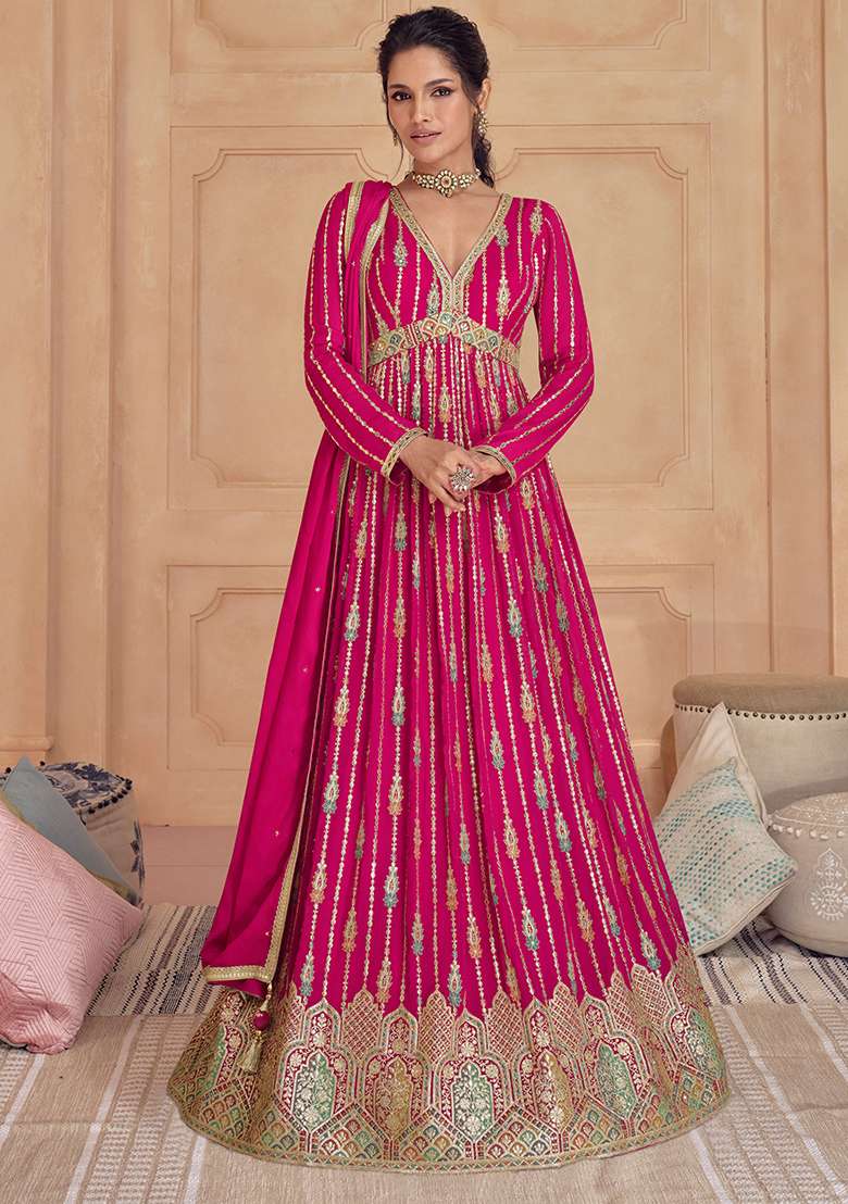 Pink Embroidered Georgette Anarkali With Dupatta - Indya
