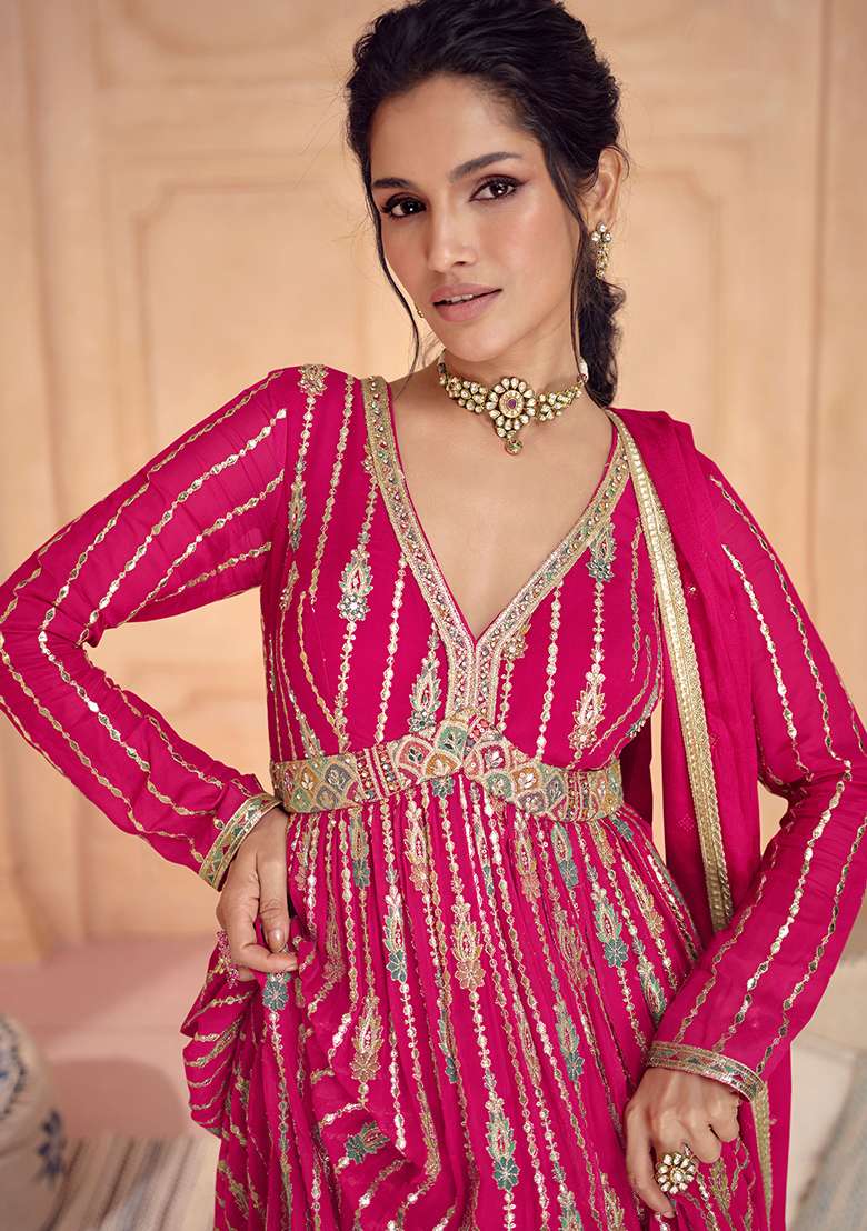 Pink Embroidered Georgette Anarkali With Dupatta - Indya