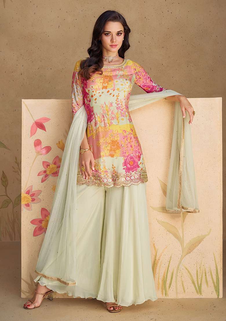 White And Blue Embroidered Viscose Sharara Set - Indya