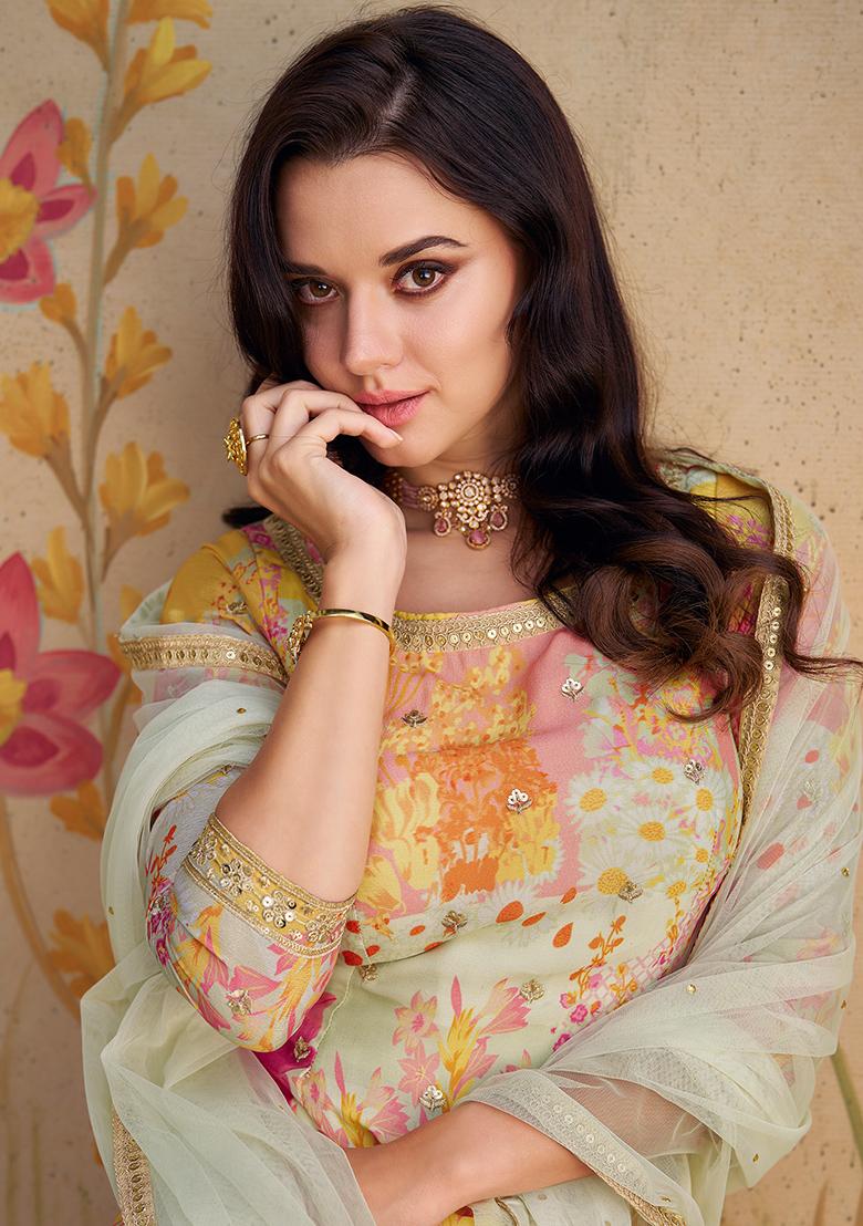 White And Blue Printed Viscose Salwar Kameez With Dupatta