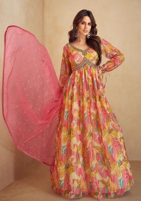 Multi Embroidered Chinnon Anarkali Set With Dupatta