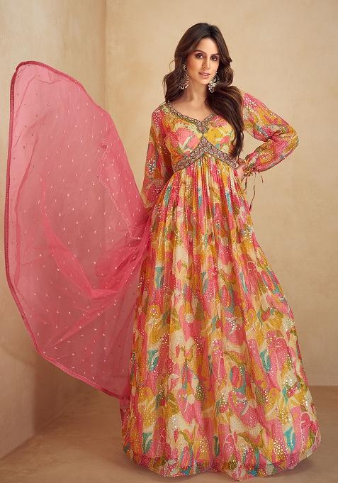 Multi Embroidered Chinnon Anarkali Set With Dupatta