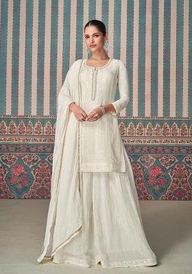 White Embroidered Chinnon Palazzo Set With Dupatta