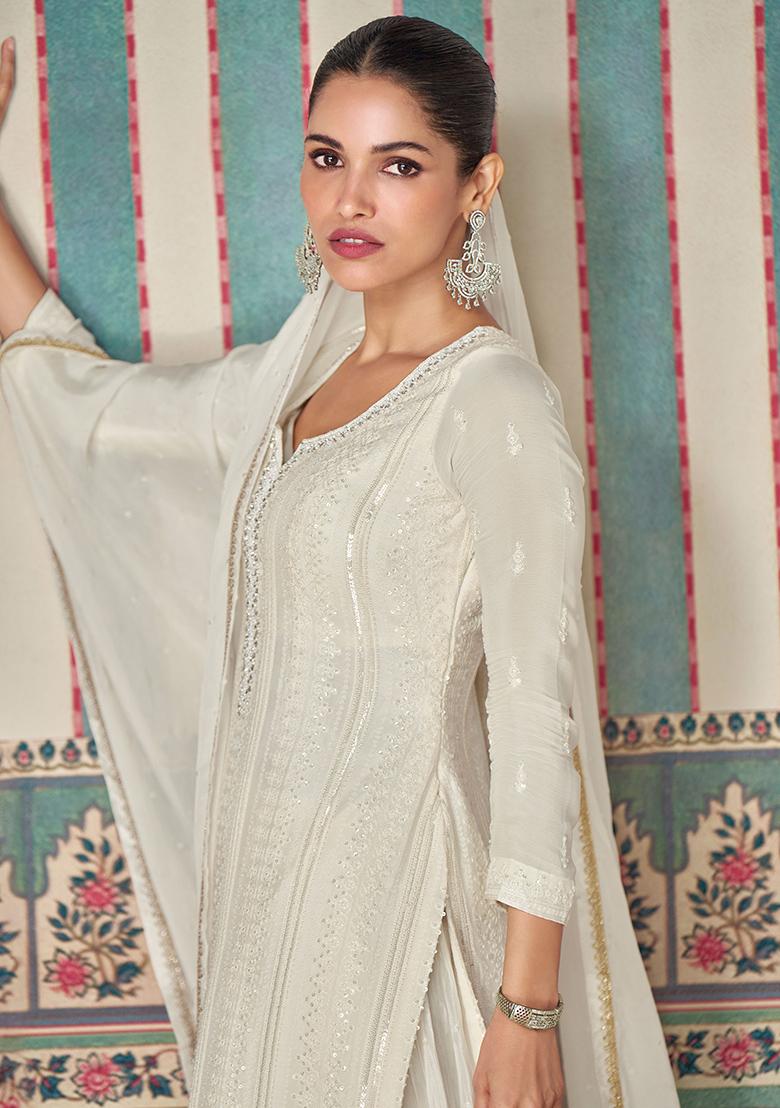 White Embroidered Chinnon Palazzo Set With Dupatta
