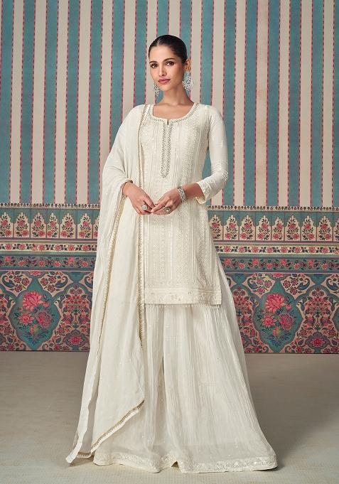 White Embroidered Chinnon Palazzo Set With Dupatta