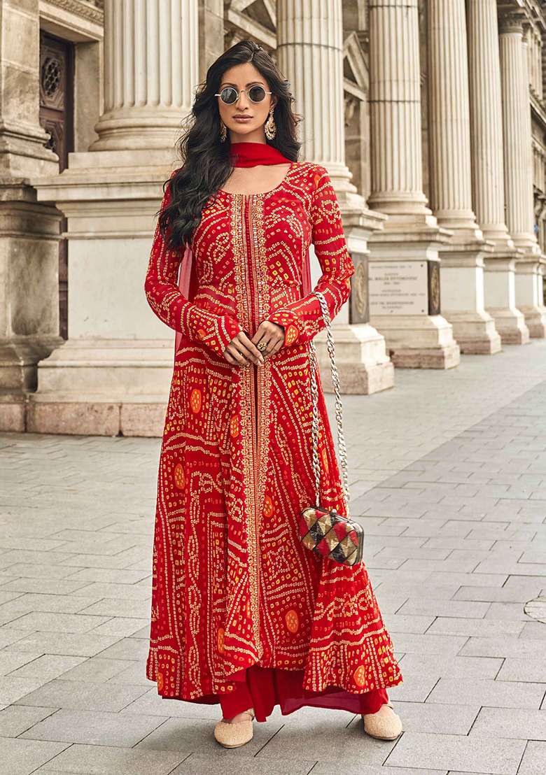 Red Embroidered Georgette Anarkali Set With Dupatta - Indya
