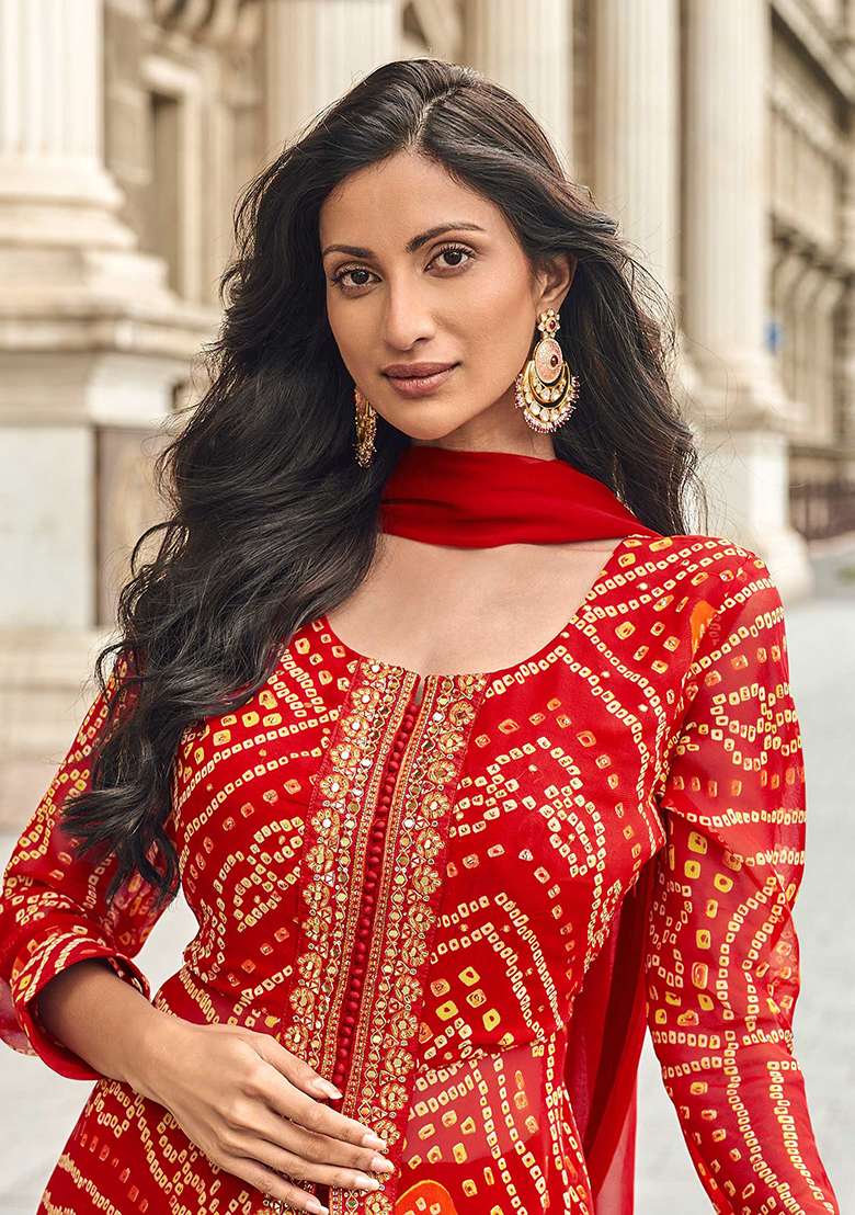 Red Embroidered Georgette Anarkali Set With Dupatta - Indya