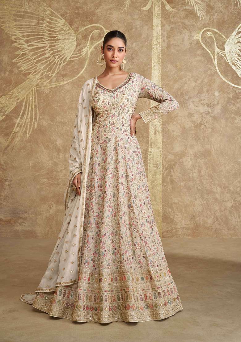 Beige Embroidered Georgette Anarkali Set With Dupatta - Indya