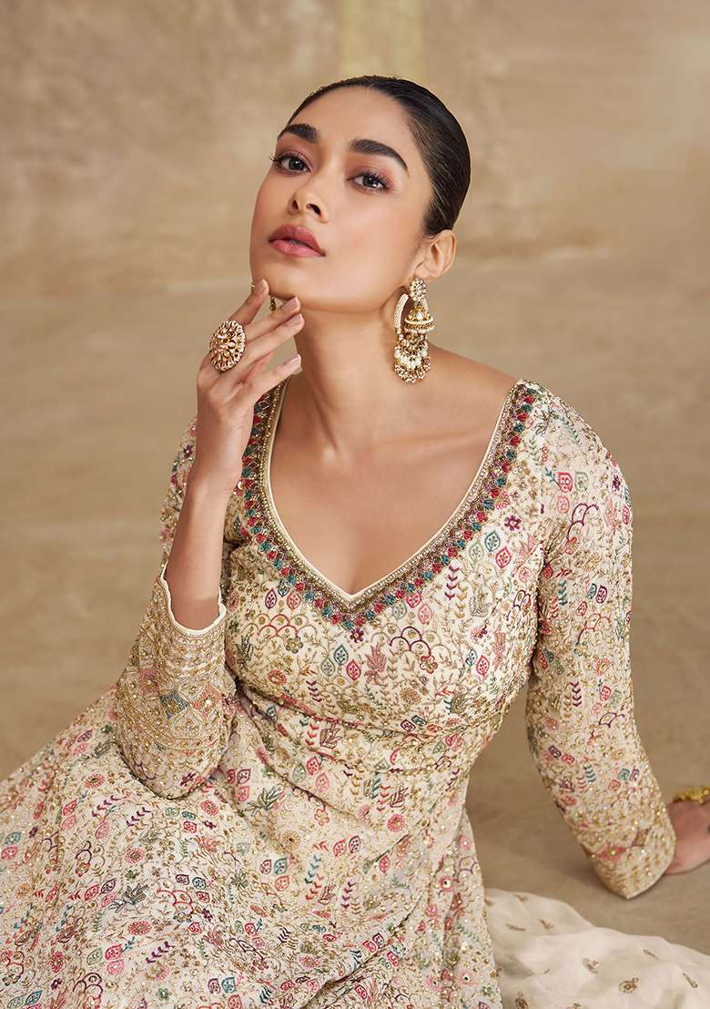 Beige Embroidered Georgette Anarkali Set With Dupatta - Indya