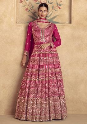 Pink Embroidered Georgette Anarkali With Dupatta With Dupatta