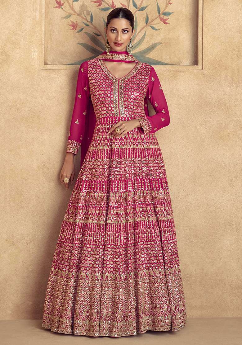 Pink Embroidered Georgette Anarkali With Dupatta With Dupatta - Indya