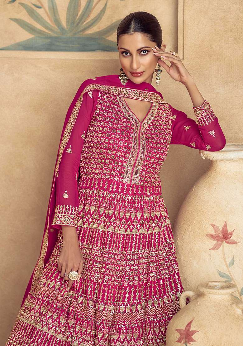 Pink Embroidered Georgette Anarkali With Dupatta With Dupatta - Indya
