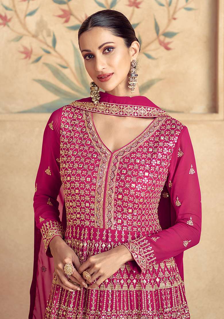Pink Embroidered Georgette Anarkali With Dupatta With Dupatta - Indya