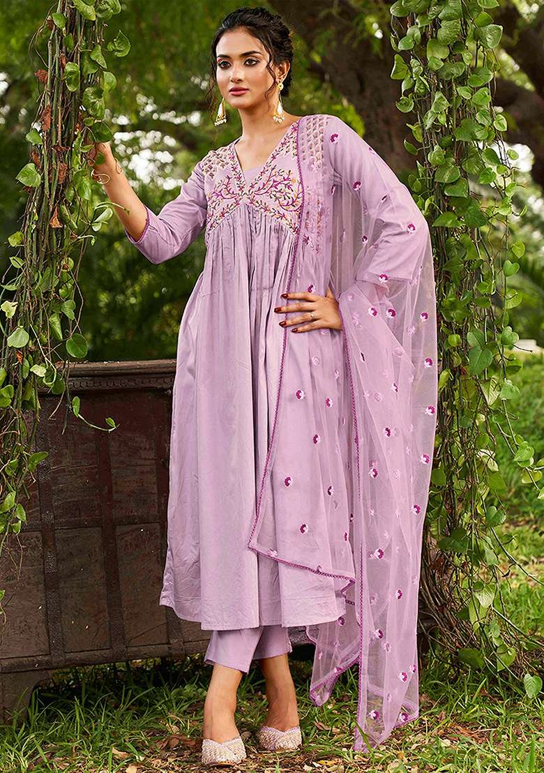 Purple Silk Embroidered Salwar Kameez With Dupptta - Indya