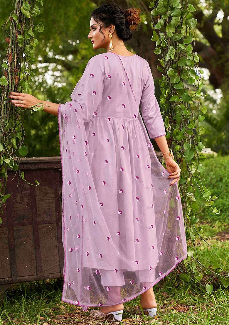 Purple Silk Embroidered Salwar Kameez With Dupptta - Indya