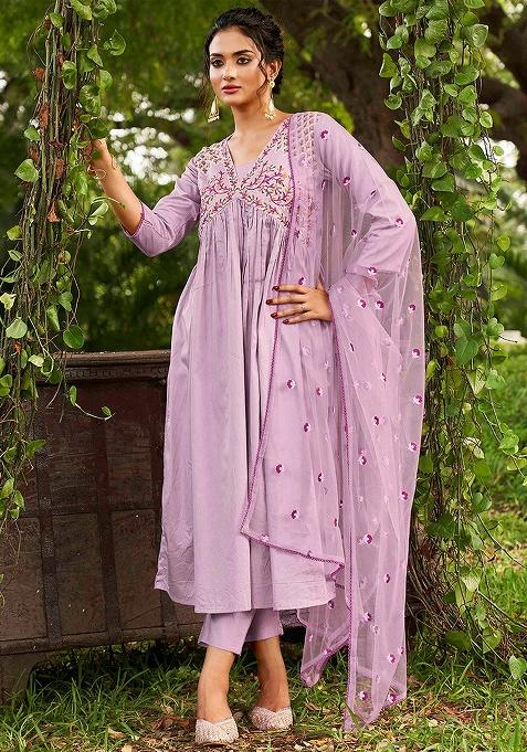Purple Silk Embroidered Salwar Kameez With Dupptta