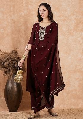 Maroon Silk Embroidered Salwar Kameez With Dupptta