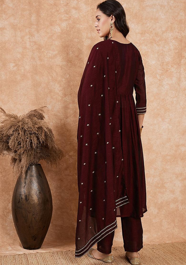 Maroon Silk Embroidered Salwar Kameez With Dupptta