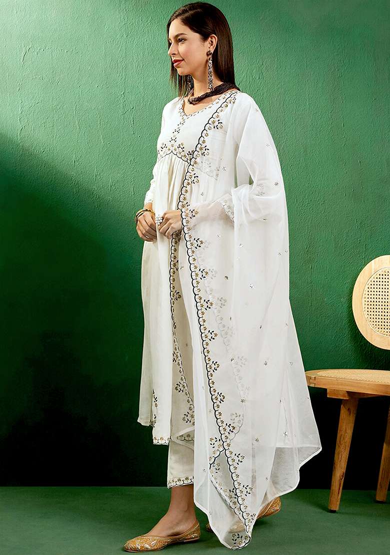 Off White Silk Embroidered Salwar Kameez With Dupptta - Indya