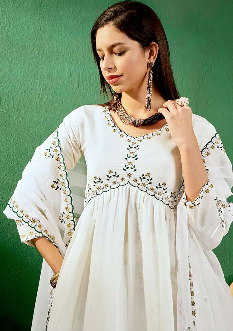 Off White Silk Embroidered Salwar Kameez With Dupptta - Indya