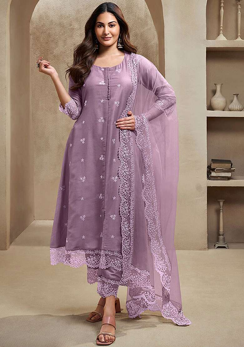 Purple Silk Embroidered Salwar Kameez With Dupptta - Indya