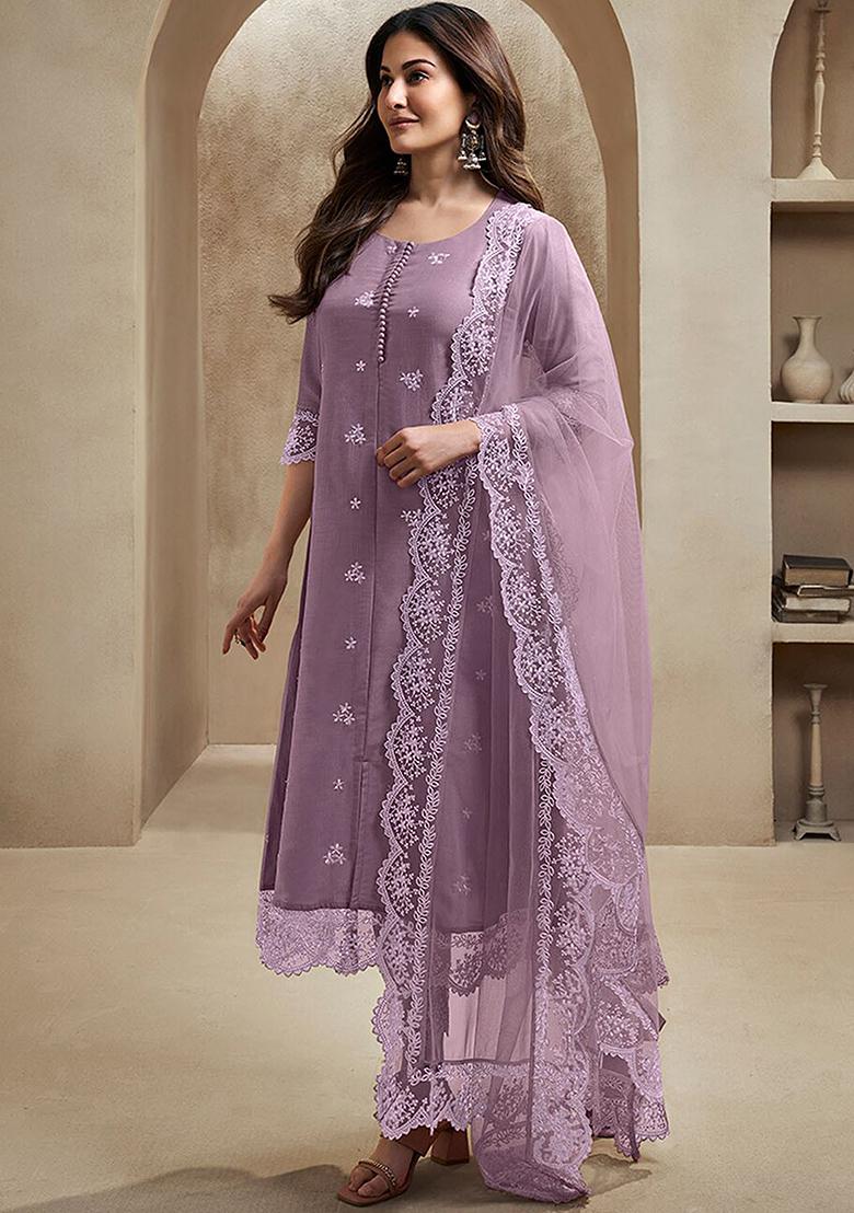 Purple Silk Embroidered Salwar Kameez With Dupptta