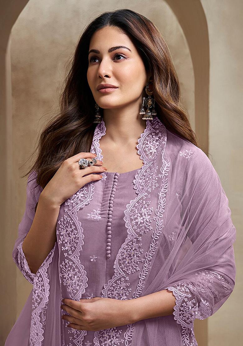 Purple Silk Embroidered Salwar Kameez With Dupptta