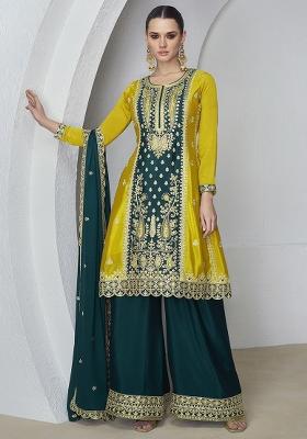 Teal Blue Silk Sequin Embroidered Salwar Kameez With Dupptta