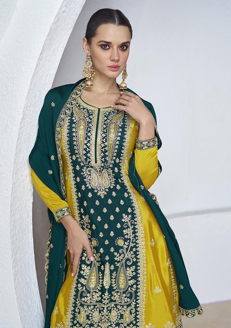 Teal Blue Silk Sequin Embroidered Salwar Kameez With Dupptta