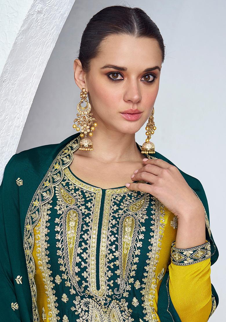 Teal Blue Silk Sequin Embroidered Salwar Kameez With Dupptta