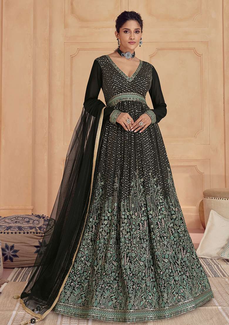 Black Georgette Sequin Embroidered Salwar Kameez With Dupptta - Indya