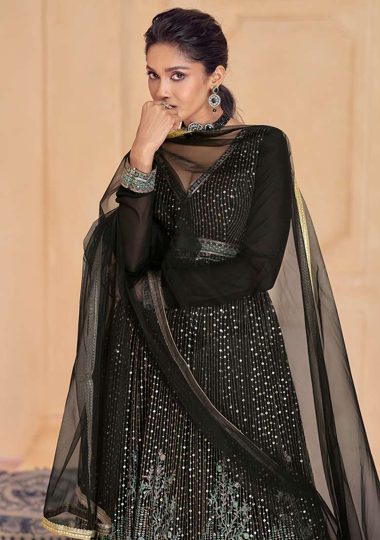 Black Georgette Sequin Embroidered Salwar Kameez With Dupptta - Indya