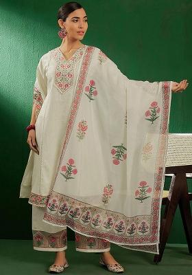 Off White Cotton Embroidered Salwar Kameez With Dupptta