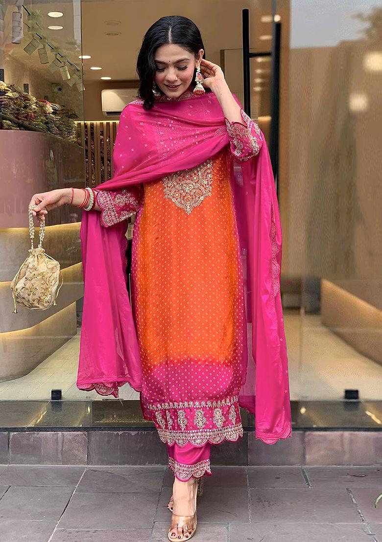 Orange Chiffon Sequin Embroidered Salwar Kameez With Dupptta