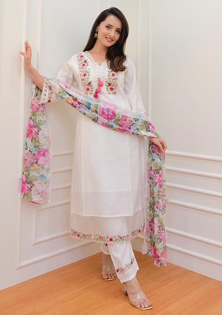 White Cotton Sequin Embroidered Salwar Kameez With Dupptta
