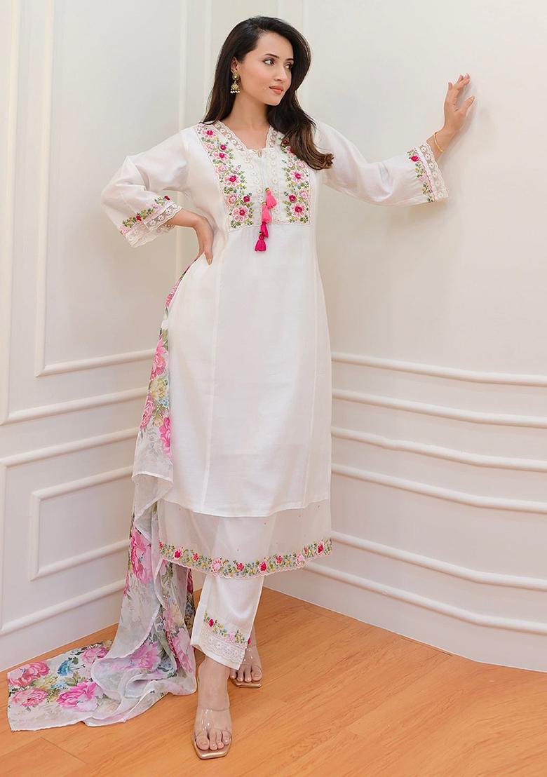 White Cotton Sequin Embroidered Salwar Kameez With Dupptta